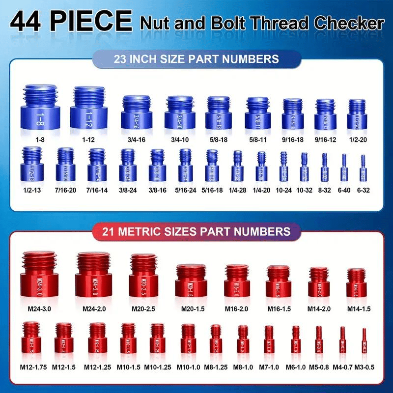 44Pcs Alloy Nut and Bolt Thread Inspector - Metric and SAE Size Identification Tool