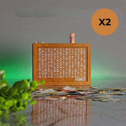 Wooden money box with engraved figures